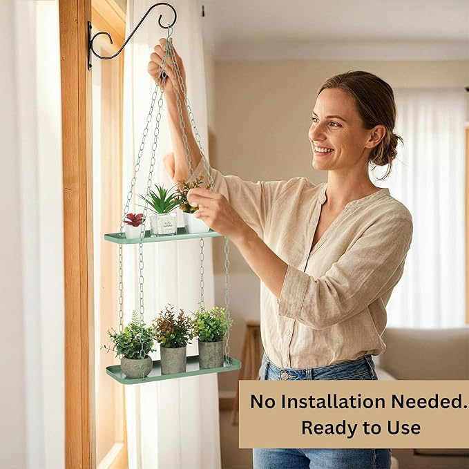 Shinehola Hanging Planters for Indoor Outdoor Plants (Length - 15.5"), Plant Hanger Indoor | Large Metal Hanging Plant Holder, 2-Tier Hanging Planter Shelf, No Plant/Pot Included (Green, 2-Tier)