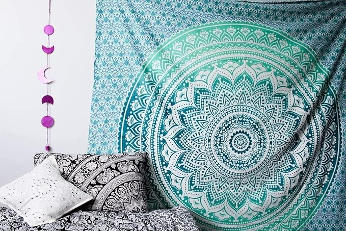 ANJANIYA Ombre Wall Hanging Bohemian Tapestry, Metallic Wall Art Bedspread, Psychedelic Hippie Mandala Dorm Décor for Hanging, Bedding, Beach Coverlet Curtain, Green, 54"X60"