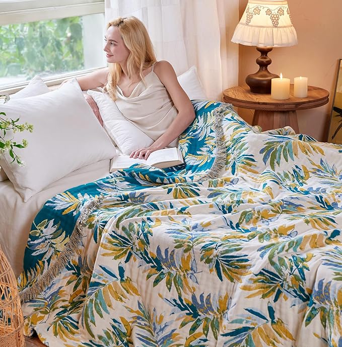 Boho Throw Blanket - 100% Cotton Throw Blankets for Bed Couch, 50"x60" Soft Muslin Lightweight Spring Throw Blanket, Cozy Plant Printed Bohemain Bedding Decor Green Throw Quilt