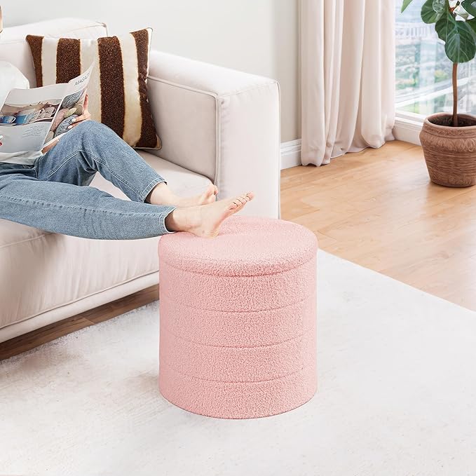 PINPLUS Round Storage Ottoman Foot Rest Stool with Tray Velvet Sherpa Folding Storage Ottoman,Boucle Foot Rest for Living Room, Bedroom, Dorm,Pink Color