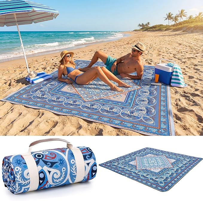 Boho Picnic Blankets 80''x 80'' Extra Large Beach Blanket Waterproof Sandproof Foldable Machine Washable Vintage Grass Lawn Park Mat for Family Camping Party Music Festival