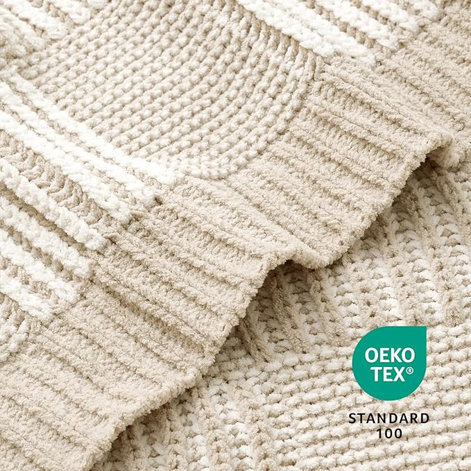 Amélie Home Checkered Knit Throw Blanket for Couch, Chenille Texture Decorative Soft Blanket for Sofa & Chair, 60"x80", Beige & Ivory