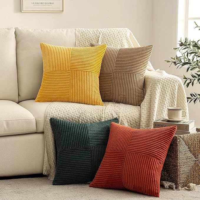 MIULEE Green Rust Throw Pillow Covers 20x20 Inch Set of 4 Boho Farmhouse Soft Corduroy Striped Cushion Cases Decorative Color-Clash Home Decor for Couch Sofa Living Room Bed