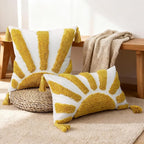 Boho Throw Pillow Covers 18x18 Inch Set of 1, Yellow Sun Tufted Square Pillow Covers with Tassels, Bohemian Farmhouse Decorative Cushion Cover for Couch Sofa Bedroom Living Room Home Decor