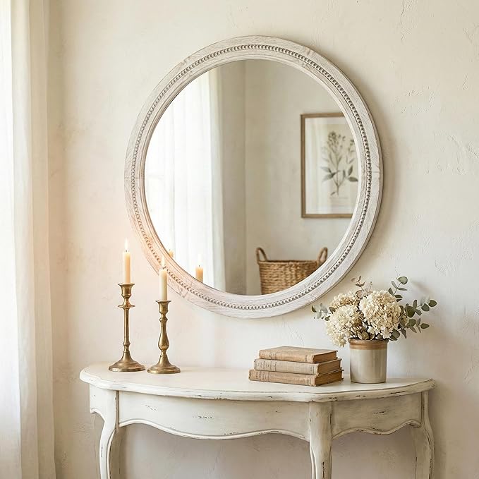 30" White Round Wood Mirror for Bathroom Vanity, Distressed Solid Wood Wall Mirror - French Country Beaded Circle Mirror for Coastal Bedroom & Nursery