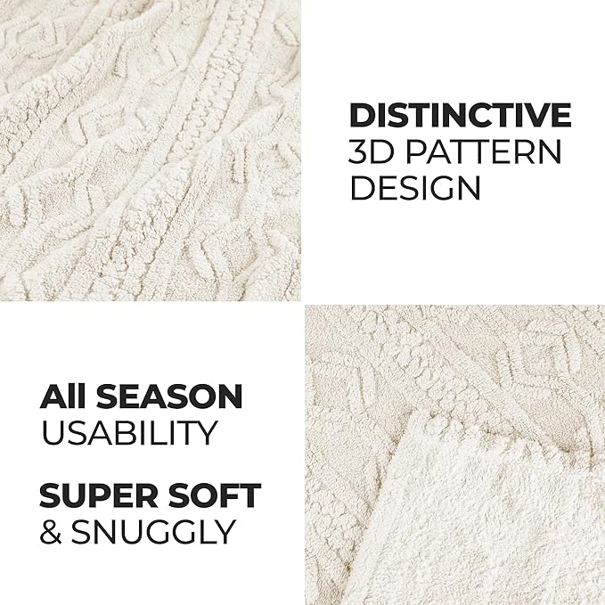 Superior Fleece Boho Jacquard Blanket, Decorative Blankets for Bedroom, Sofa, Fuzzy, Plush, Fluffy, Soft, Cute Room Decor, Beautiful Cover, Comfort Essentials, Arctic Collection, Throw, Ivory