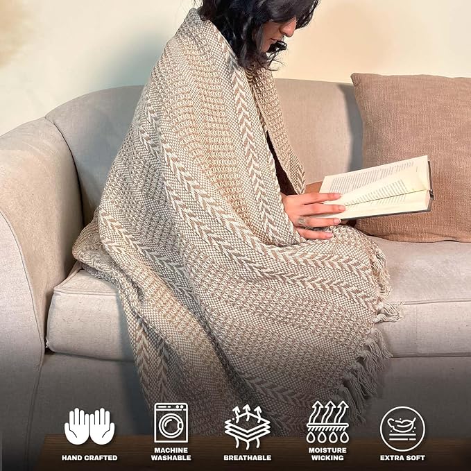 Chardin home Beige Braided Waffle Weave Throw, 50x60 Inch Recycled Cotton- Large, Wearable, Breathable, Skin-Friendly Everyday use Blanket for Couch, Bed, Sofa - Soft Lightweight Picnic Rug