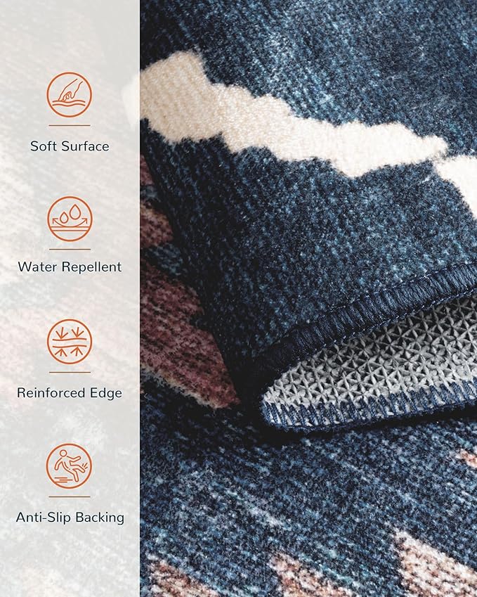 Area Rug 4x6 Rug Machine Washable Non-Slip Low Pile Print Pattern Western Rug for Living Room Bedroom Entryway Tribal Series -Darkblue