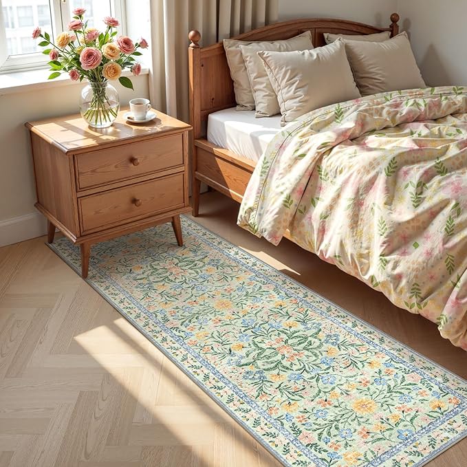 Lahome Sylvie Washable Runner Rug 2x6, Boho Bathroom Rug Runner, Vintage Floral Soft Thin Indoor Throw Carpet for Entryway Bedroom Hallway Bath Laundry Room, Green/Multi