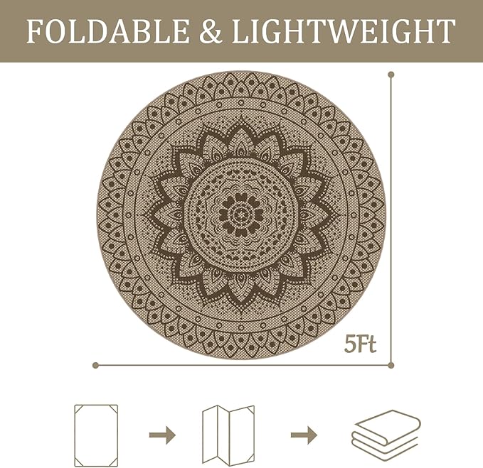 Outdoor Round Rug 5ft, Easy Jute Rug Washable Indoor Outdoor Patio Rug, Non Slip Round Area Rug Farmhouse Front Door Mat, Boho Lightweight Carpet for Backyard Patio Entry (Brown, 5 Ft)