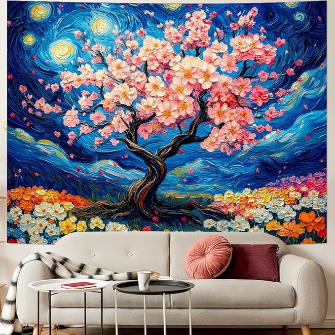 Amhokhui Starry Sky Tapestry Cherry Blossom Tree Tapestry Japanese Anime Tapestries Colorful Floral Flower Tapestries Aesthetic Art Fantasy Landscape Wall Hanging Decor for Home