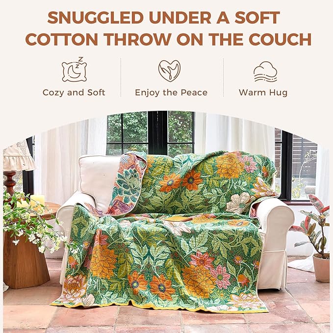 Boho Throw Blanket for Couch Sofa Chair Spring Cotton Blankets for Bedroom Living Room All Season Lightweight Reversible Floral Embroidery Throws 50"x60"
