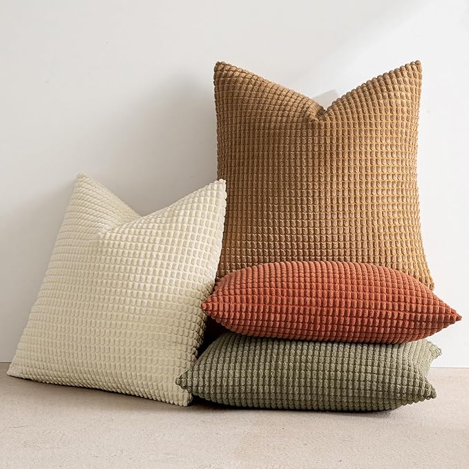 MIULEE Modern Farmhouse Decorative Pillow Covers 16x16 Inch Set of 4 Natural Rustic Throw Pillows Neutral Warm Soft Corduroy Couch Pillowcases Home Decor for Sofa Living Room Bed Brown Green