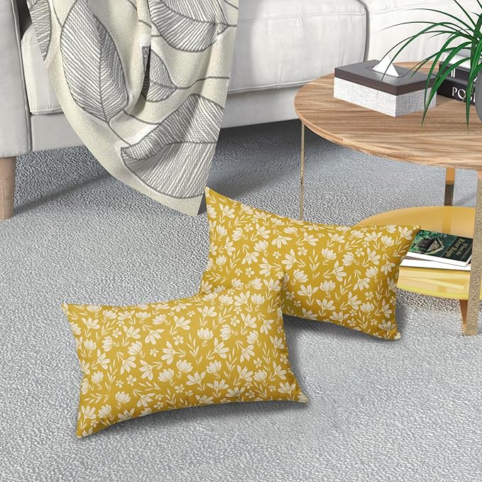 Yellow Pillow Covers 12x20 Set of 2 Vintage Floral Rustic Old Style Cute Flower Print Rectangle Decorative Outdoor Pillowcases Seasonal Farmhouse Throw Cushion Case Couch Sofa Bed Decor