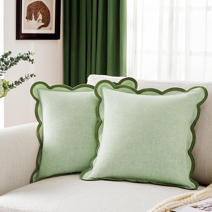 Light Green Scalloped Pillow Cover Pack of 2 Spring Chenille Decorative Cute Boho Couch Throw Pillow Covers 18" x 18" Aesthetic Funky Preppy Pillow Cases for Sofa Living Room