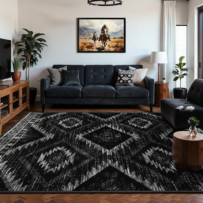 Area Rug 8x10 Rug Machine Washable Non-Slip Low Pile Print Pattern Western Rug for Living Room Bedroom Entryway Tribal Series -Black
