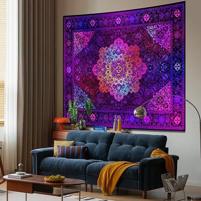 Apdidl Blacklight Boho Mandala Hippie Wall Tapestry for Bedroom, Glow in The Dark Neon Indian Bohemian Floral Tapestries Blanket Art Decor, UV Reactive Purple Wall Hanging for Living Room Dorm 51" X 60"