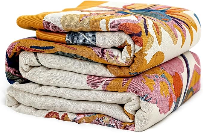 Queen Throw Blanket for Bed 100% Cotton Boho Breathable Soft Quilt Butterfly and Floral Double Embroidery Lightweight Spring Blanket Bedspread,90"x90" All Season Blankets for Bedding Couch Room Decor
