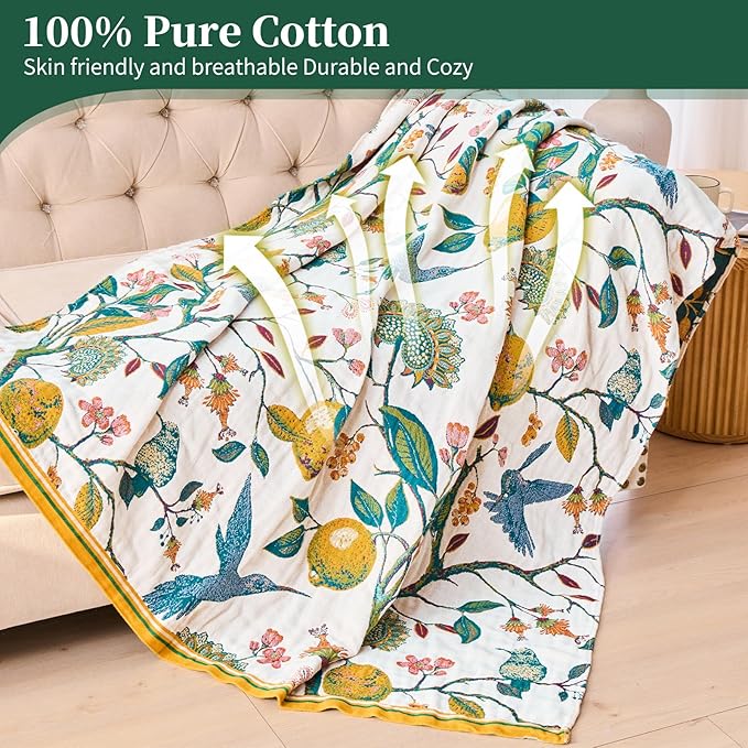 Boho Throw Blanket for Bed - 100% Cotton Ultra Soft Luxury Throw Rustic Fall Quilt,Bird Printed Farmhouse Decor Bed Blankets,Throw for Living Room Sofa Couch Chair(Flower-Bird, 60" x 75")