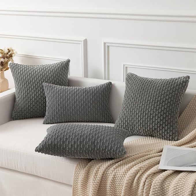 Kevin Textile 12x20 Inch Pillow Cover 1 Pack Boho Decorative Soft Striped Corduroy Lumbar Farmhouse Accent Rectangle Cushion Case for Living Room Couch Sofa Bed, Dark Grey