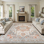 Lessymo 8×10 Area Rugs Washable for Living Room, Large Soft Indoor Rug Non-Slip for Bedroom Kitchen Dining Room Dorm Nursery, Vintage Boho Carpet Stain Resistant for Office Home Decor, Orange/White