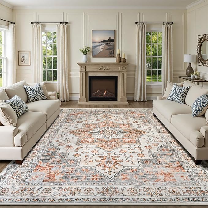 Lessymo 8×10 Area Rugs Washable for Living Room, Large Soft Indoor Rug Non-Slip for Bedroom Kitchen Dining Room Dorm Nursery, Vintage Boho Carpet Stain Resistant for Office Home Decor, Orange/White