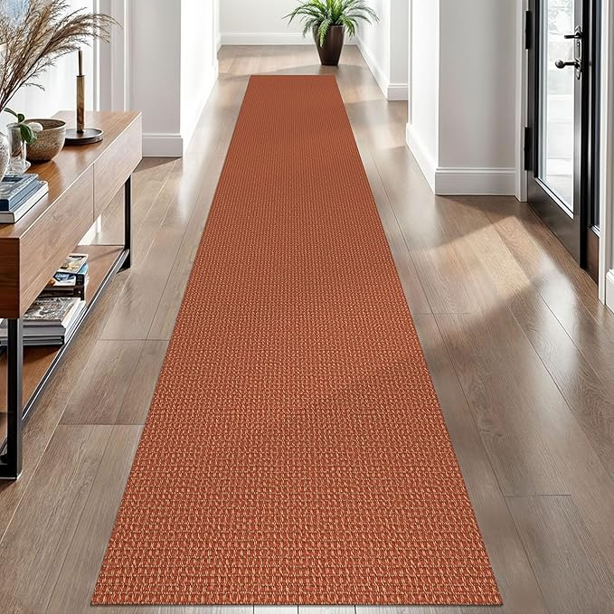 EARTHALL Woven Runner Rug 2x12 Ft Washable Runners for Hallways Extra Long Cotton Non Slip Rubber Backed Kitchen Runner Braided Indoor Floor Carpet for Entryway, Hall, Kitchen, Rustic Orange/Tan