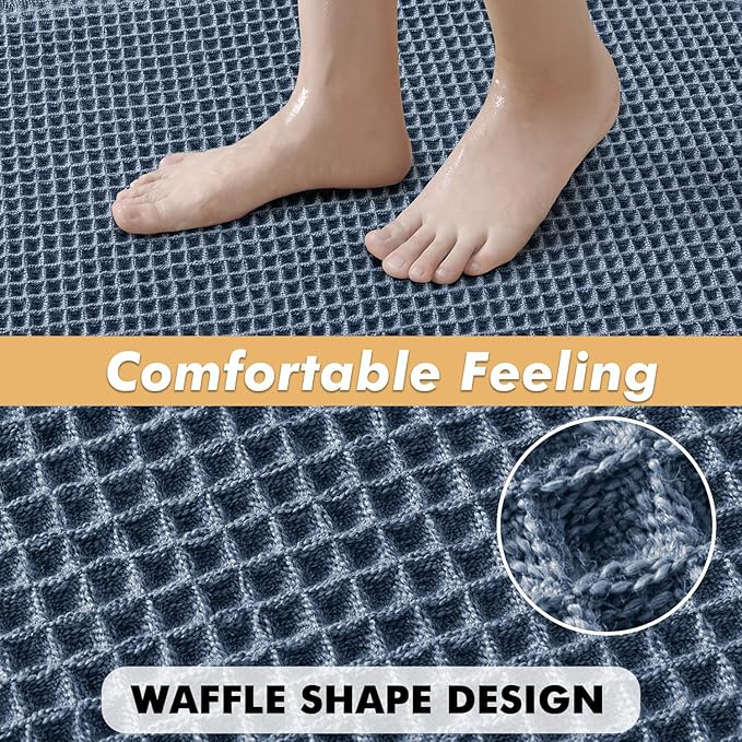 MIULEE Set of 2 Waffle Bathroom Rugs, Boho Bath Rugs Non Slip Washable, Super Absorbent Bath Mats, Ultra Soft Rubber Backed Shower Mats for Bathroom Floor, Tub and Shower, Blue, 17x24 Inch
