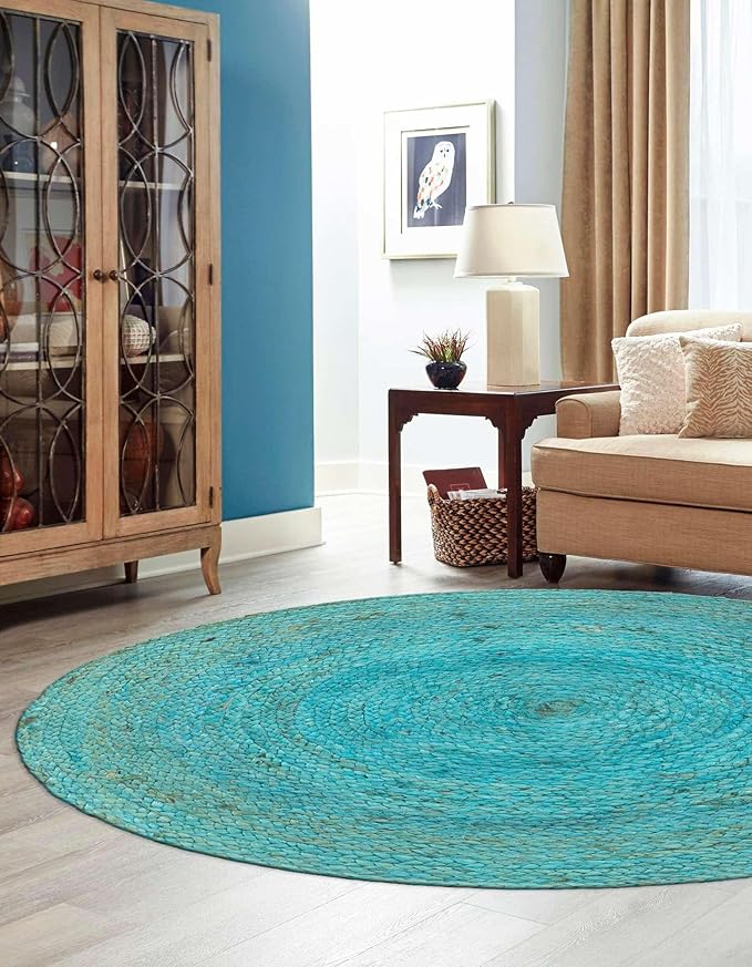 Unique Loom Braided Jute Collection Area Rug - Dhaka (3' 3" Round, Turquoise)