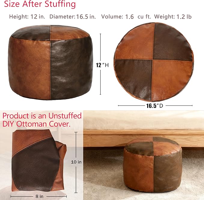 Thgonwid Unstuffed Faux Leather Pouf Cover, Handmade Footstool Ottoman Storage Solution, Floor Footrest Cushion - 16.5”Dx12”H, Brown & Coffee