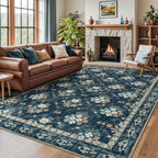 Lessymo Floral Living Room Rug 8x10 Area Rugs, Vintage Washable Rugs for Dining Room Bedroom, Low Pile Non Slip Rubber Mat, Distressed Indoor Boho Carpet, Navy/Beige