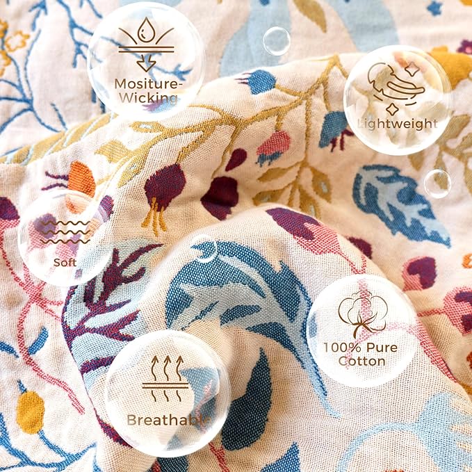 Boho Throw Blanket with Florals & Leaves Embroidery Reversible Lightweight Cotton Gauze Throws for Couch,Bed,Sofa & Chair Decor - Bohemian Living Room Accent Gift 60"x80"