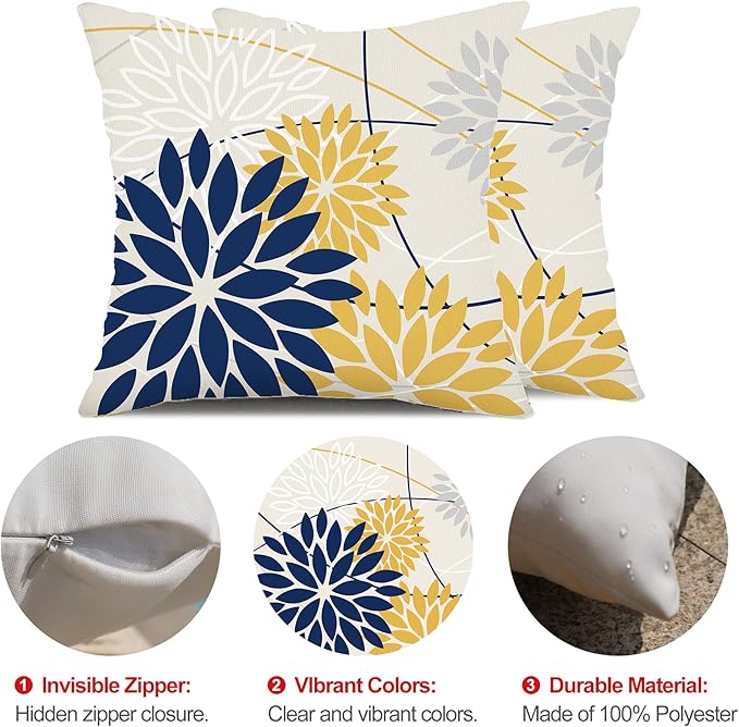 Outdoor Pillow Covers 18x18 Inch Set of 2 Navy Blue Yellow Outdoor Waterproof Decorative Throw Pillows Summer Spring Decor for Home Patio Funiture Garden Living Room Polyester Cushion Covers 01G18