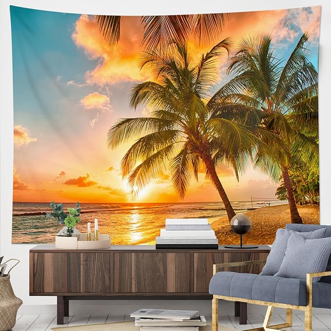 HVEST Beach Palm Tree Tapestry Wall Hanging, Nature Sunrise and Sunset Scence Tapestry, Ocean Coastal Landscape Tapestry for Living Room Bedroom Aesthetic Decor, 60L x 80W Inches