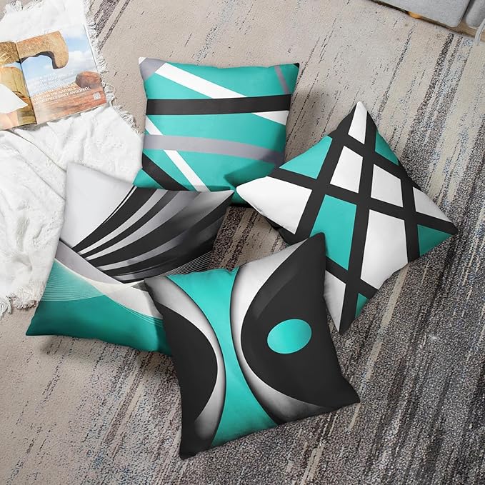 Emvency Set of 4 Teal Throw Pillow Covers Modern Abstract Black Grey Stripes Gray White Acrylic Bold Decorative Pillow Cases Home Decor Square 18x18 Inches Pillowcases
