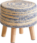 YMYNY Foot Stool Natural Seagrass Hand Weave, 12.6" Small Ottoman, Round Footrest for Living Room, Bedroom, Entryway, Change Shoes Stool, Non-Skid Wood Legs, Boho, Blue+White UHBD027QW