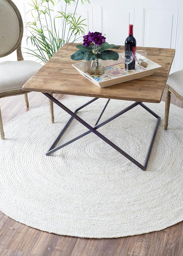 100% Jute Area Rug 10 Feet- Braided Design Hand Woven Off-White Natural Fibers Carpet - Home Decor for Living Room Hallways (10' Round, Off-White)
