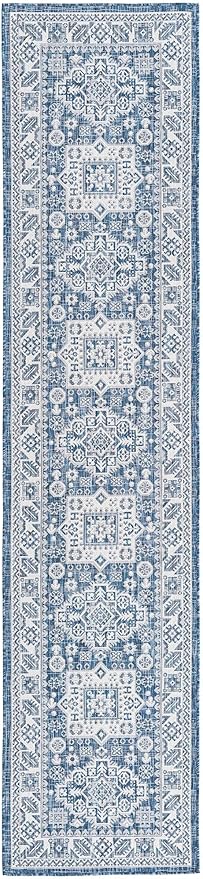 Rugs.com Outdoor Aztec Collection Rug – 12 Ft Runner Blue Flatweave Rug Perfect for Hallways, Entryways