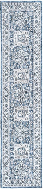 Rugs.com Outdoor Aztec Collection Rug – 12 Ft Runner Blue Flatweave Rug Perfect for Hallways, Entryways