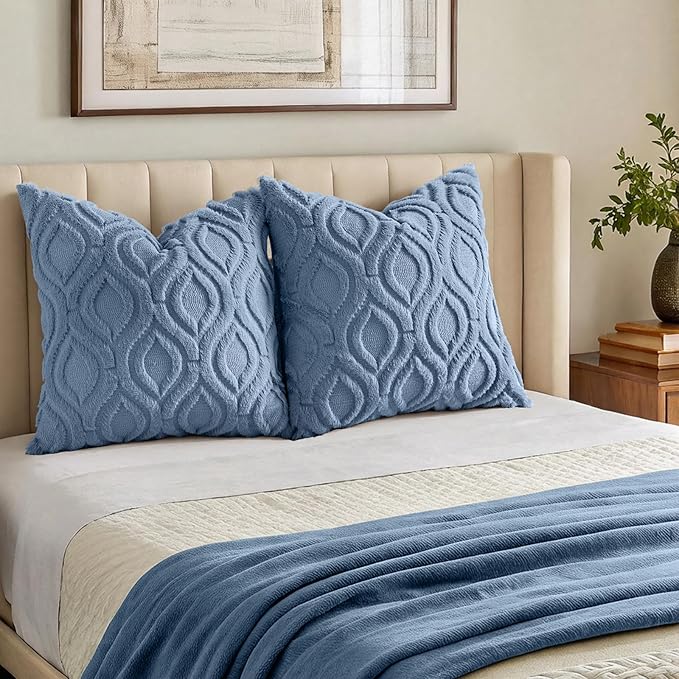 decorUhome Cozy Textured Euro Sham Throw Pillow Covers 22x22 Inch Set of 2, Soft Plush Faux Wool Dusty Blue Accent Couch Pillow Covers for Modern Farmhouse Sofa Bed Living Room