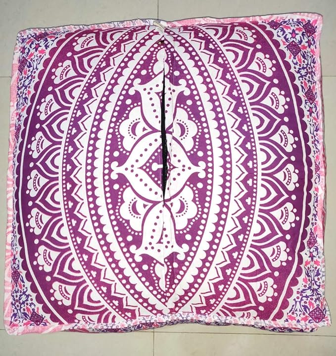 INDIAN CRAFT CASTLE 24" Pink Ombre Mandala Barmeri Large Floor Pillow Cover Cushion Meditation Seating Ottoman Throw Cover Hippie Decorative Zipped Bohemian Pouf Ottoman Pom Pom Cases 24" Square