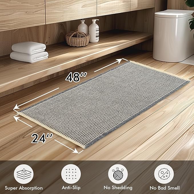 MIULEE Set of 2 Waffle Bathroom Runner Rugs, Boho Bath Rugs Non Slip Washable, Super Absorbent Runner Bath Mats Rubber Backed, Ideal for Hallway Laundry Room, Dark Grey & Yellow, 2' x 4'(24 x 48 Inch)