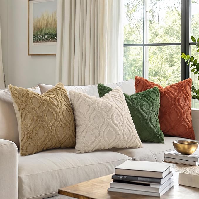 decorUhome Cozy Textured Throw Pillow Covers 16x16 Inch Set of 2, Soft Plush Faux Wool Beige Accent Couch Pillow Covers for Modern Farmhouse Sofa Bed Living Room