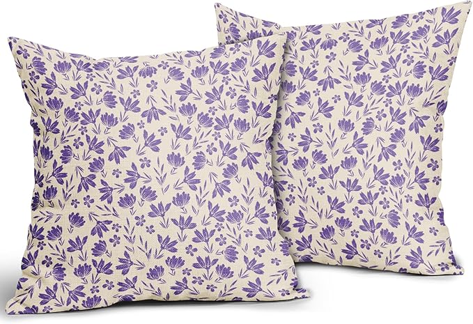 Purple Floral Pillow Covers 20x20 Set of 2 Vintage Rustic Old Style Cute Small Flower Purple Cream Print Decorative Outdoor Pillowcases Farmhouse Throw Cushion Case Decor for Couch Sofa Bed