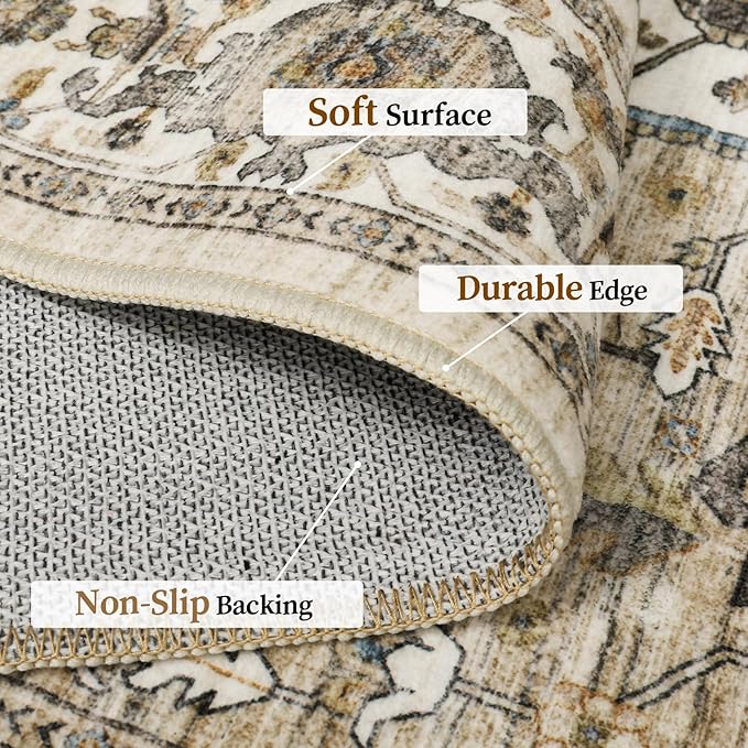 5x7 Area Rugs, Stain Resistant Machine Washable Area Rugs with Non-Slip Backing, Vintage Rugs for Bedroom, Living Room, Large Soft Low Pile Area Rug (Beige/Brown, 5'x7')