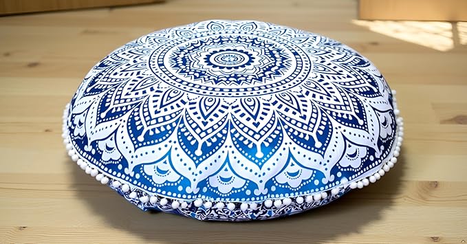 ICC 32" Blue Mandala Floor Pillow Cushion Cover Seating Throw Cover Hippie Decorative Bohemian Ottoman Poufs Cover, Pom Pom Pillow Cases, Boho Indian