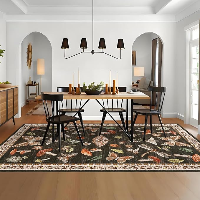Mushroom Washable Rug 5x7 Area Rugs for Living Room, Insect Print Rug for Bedroom, Non Slip Throw Carpet with Rubber Back, Soft Low Pile Dining Room, Brown