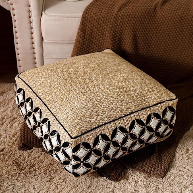 SUTAVIA Pouf Cover Ottoman Unstuffed Pouf Seat Footrest Decorative Storage Bean Bag Floor Chair for Home Decor Living Room Bedroom (White Decor, Square, 20" D x 20" W x 8" H)