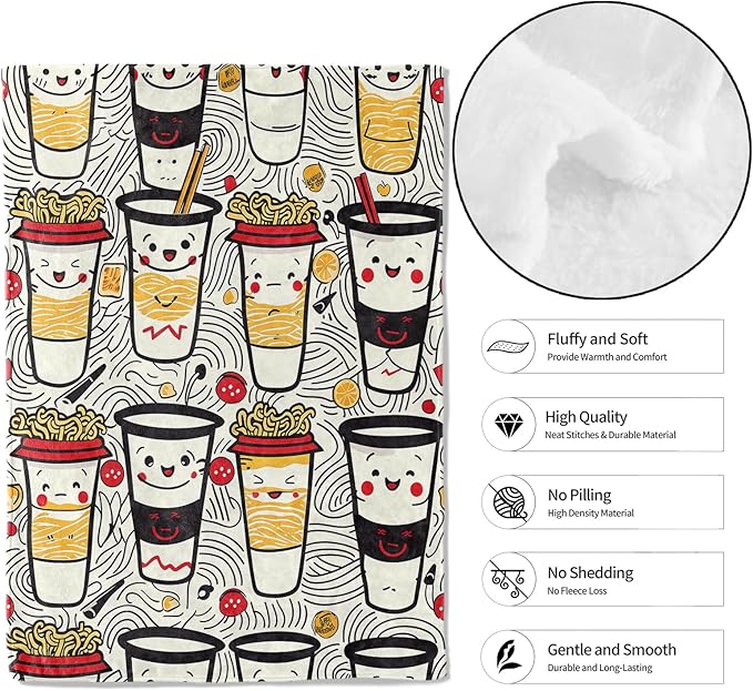 Cute Noodle Ramen Cup Throw Blanket - 60x80in,Ultra Soft, Cozy Lightweight Flannel,Japanese Cuisine Smiling Face Blankets - Gifts for Kids & Food Lovers,for Couch Home Living Room Decor