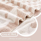 Checkered Throw Blanket, Beige Super Soft Knit Breathable Throw Blanket, Cozy Fluffy Reversible Checkerboard Flower Fuzzy Blanket for Couch Sofa Bed Living Room Decor 50 x 60 Inch